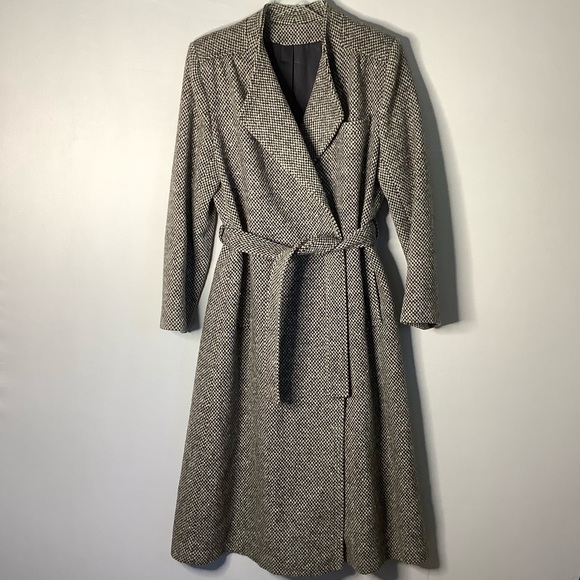 Vintage Jackets & Blazers - 80s Long Tweed Wool Checkered Coat 13/14